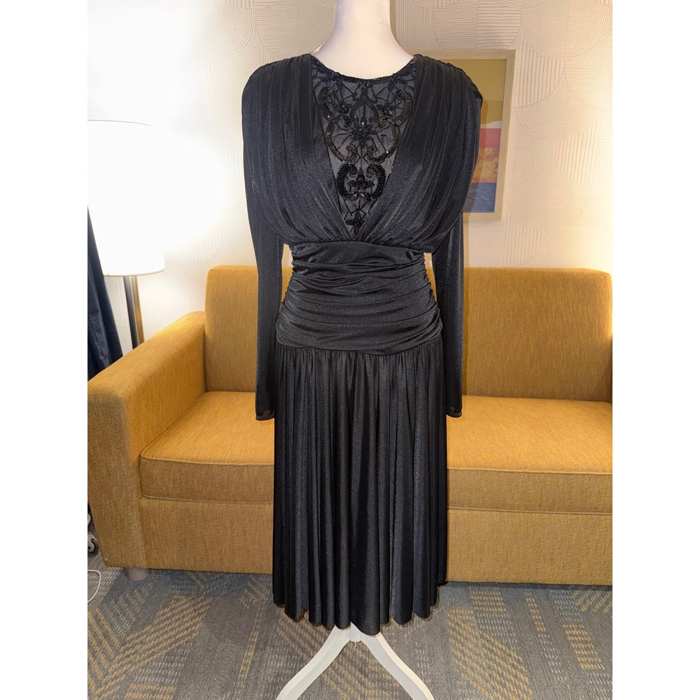 Abby Kent Vintage 80s Black Beaded Sequin Mesh Dress Midi Long Sleeve Goth glam - Picture 5 of 6